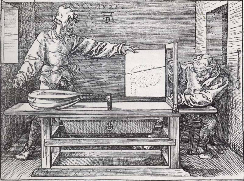  Man Drawing a lute with the monogram of the artist from the Manual of Measure-ment